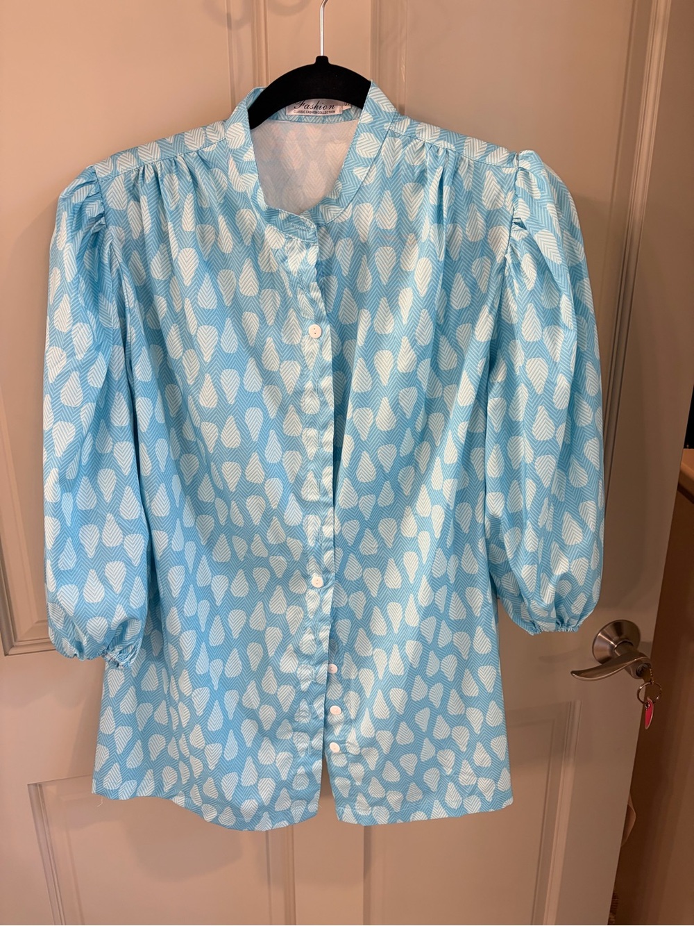 SHEIN Light Blue & White Printed Puff-Sleeve Blouse
